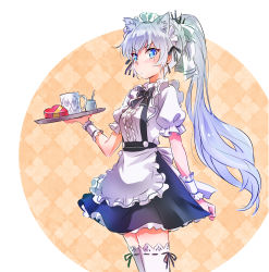 Rule 34 | 1girl, alternate costume, animal ears, apron, black bow, black ribbon, blue eyes, blush, bow, candy, cat ears, chocolate, chocolate heart, coffee mug, commentary request, cup, earrings, enmaided, food, frills, hair ornament, heart, highres, iesupa, jewelry, long hair, looking at viewer, maid, maid apron, maid headdress, mug, outside border, ponytail, print mug, ribbon, round image, rwby, scar, scar across eye, scar on face, solo, thighhighs, tiara, tray, v-shaped eyebrows, valentine, weiss schnee, white hair, white thighhighs, wrist cuffs, zettai ryouiki
