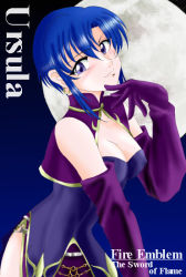 Rule 34 | 1girl, blue eyes, blue hair, breasts, character name, cleavage, copyright name, covered erect nipples, earrings, elbow gloves, evil, female focus, fire emblem, fire emblem: the blazing blade, gloves, hissaa (starlight express), hoop earrings, jewelry, matching hair/eyes, moon, nintendo, short hair, solo, ursula (fire emblem)