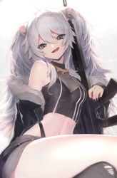 Rule 34 | 1girl, :d, absurdres, animal ears, black coat, black nails, breasts, cleavage, clothes down, coat, crop top, crossed legs, fingernails, fur coat, grey skirt, grey thighhighs, gun, hair between eyes, head tilt, highleg, highres, holding, holding gun, holding weapon, hololive, kuukai (adexi), long hair, looking at viewer, medium breasts, midriff, miniskirt, nail polish, navel, open mouth, rifle, see-through, see-through cleavage, sharp fingernails, shishiro botan, shishiro botan (1st costume), silver hair, simple background, single thighhigh, sitting, skirt, smile, solo, stomach, thighhighs, tongue, tongue out, torn clothes, torn thighhighs, very long hair, virtual youtuber, weapon, white background