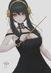 Rule 34 | 1girl, armpits, artist name, bare shoulders, black dress, black gloves, black hair, breasts, cleavage, closed mouth, dagger, dress, earrings, eyelashes, eyeshadow, gloves, gold hairband, hairband, hand up, highres, holding, holding dagger, holding knife, holding weapon, jewelry, knife, large breasts, looking at viewer, makeup, red eyes, red eyeshadow, ryumikooo, short hair, short hair with long locks, signature, smile, solo, spy x family, stiletto (weapon), upper body, weapon, yor briar