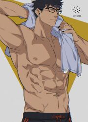 1boy abs bara black_nails black_shorts collarbone copyright_request glasses male_focus mole mole_under_mouth muscular muscular_male navel nipples pectorals shorts solo topless_male towel yan_(bltyann) yellow_eyes