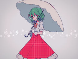 1girl alternate_costume busujima_(kusahana) frills gloves green_hair kazami_yuuka long_skirt looking_at_viewer muted_color parasol plaid_clothes plaid_skirt puffy_sleeves red_eyes red_skirt ribbon shirt short_hair skirt solo touhou umbrella unmoving_pattern wavy_hair white_gloves white_shirt