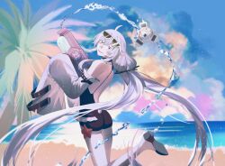 Rule 34 | 1girl, absurdres, ahoge, backless swimsuit, bare legs, bare shoulders, beach, black choker, black one-piece swimsuit, choker, cloud, crazy smile, detached sleeves, drone, eyewear on head, frilled choker, frills, grey eyes, grey hair, highres, holding, holding water gun, long hair, looking at viewer, luosanle, no.21: xxi (solar frost) (punishing: gray raven), no.21 (punishing: gray raven), ocean, one-piece swimsuit, punishing: gray raven, sidelocks, sky, sleeves past fingers, sleeves past wrists, smile, solo, starfish, sunglasses, swimsuit, twintails, very long hair, water gun, white sleeves