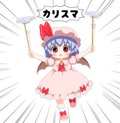 Rule 34 | 1girl, arms up, ascot, bat wings, bebeneko, blue hair, blush, bobby socks, brooch, check commentary, chibi, commentary request, dress, emphasis lines, hat, hat ribbon, holding, holding stick, jewelry, looking at viewer, mob cap, outstretched arms, pink dress, pink footwear, plate, plate spinning, puffy short sleeves, puffy sleeves, red ascot, red eyes, remilia scarlet, ribbon, short hair, short sleeves, simple background, socks, solo, spread arms, standing, standing on one leg, stick, sweat, touhou, translated, triangle mouth, white background, white socks, wings