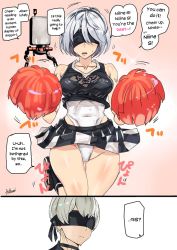 Rule 34 | 1boy, 1girl, 2koma, adapted costume, android, ashiomi masato, black blindfold, black skirt, blindfold, blush, breasts, cheering, cheerleader, choker, comic, covered eyes, covered navel, drone, english text, expressionless, hard-translated, jumping, leotard, leotard under clothes, medium breasts, nier (series), nier:automata, pom pom (cheerleading), silver hair, skirt, speech bubble, sweatdrop, text focus, thigh gap, third-party edit, white leotard, 2b (nier:automata), 9s (nier:automata)