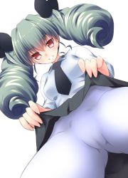 Rule 34 | 10s, 1girl, anchovy (girls und panzer), black skirt, cameltoe, clothes lift, drill hair, girls und panzer, green hair, kaneda mitsuko, long hair, necktie, no panties, pantyhose, red eyes, simple background, skirt, skirt lift, solo, twin drills, twintails, upskirt, white background, white pantyhose