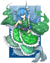 Rule 34 | 1girl, bad id, bad pixiv id, blue background, blue eyes, blue hair, bubble, drill hair, fingernails, fins, frills, full body, head fins, head wings, highres, japanese clothes, kankan33333, kimono, looking at viewer, matching hair/eyes, mermaid, monster girl, outside border, sharp fingernails, smile, solo, touhou, wakasagihime, wide sleeves, wings