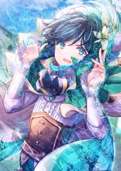 Rule 34 | 1boy, :d, beret, black hair, blue hair, braid, center frills, commentary request, frills, genshin impact, gradient hair, green eyes, green hat, green skirt, hair between eyes, hands up, hat, highres, ittokyu, long sleeves, looking at viewer, male focus, multicolored hair, open mouth, shirt, skirt, sleeves past wrists, smile, solo, twin braids, venti (genshin impact), white shirt