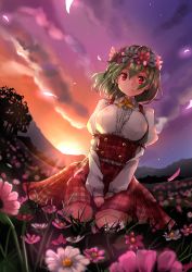 Rule 34 | 1girl, absurdres, breasts, buttons, closed mouth, cloud, cloudy sky, collar, collared shirt, flower, gradient sky, grass, green hair, hair between eyes, highres, kazami yuuka, large breasts, leaf, long sleeves, looking at viewer, looking down, mountain, multicolored sky, orange sky, petals, pink flower, plaid, plaid skirt, puffy sleeves, purple sky, red eyes, red skirt, seiza, shadow, shironeko yuuki, shirt, short hair, sitting, skirt, sky, solo, sun, sunlight, sunset, touhou, tree, white flower, white shirt
