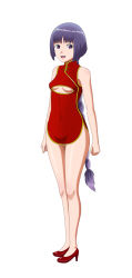 Rule 34 | 1girl, boruto: naruto next generations, breasts, china dress, chinese clothes, cleavage cutout, clothing cutout, dress, high heels, highres, kakei sumire, long hair, looking at viewer, medium breasts, naruto, naruto (series), open mouth, ponytail, purple eyes, purple hair, smile, solo, standing, thighs, underboob, very long hair