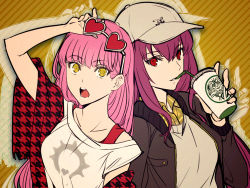 Rule 34 | 2girls, aono shimo, bad id, bad pixiv id, baseball cap, brand name imitation, collared shirt, contemporary, drinking straw, eyewear on head, fate/grand order, fate (series), glasses, hat, highres, jacket, long hair, medb (fate), multiple girls, open mouth, pink hair, purple hair, red eyes, scathach (fate), shirt, smile, spartacus (fate), sunglasses, teeth, yellow eyes
