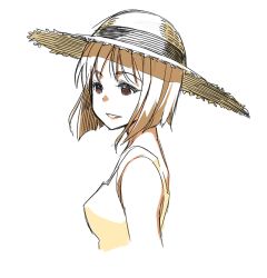 Rule 34 | 1girl, blonde hair, bob cut, breasts, brown eyes, copyright request, dress, hat, medium breasts, parted lips, simple background, smile, solo, straw hat, tachibana roku, upper body, white background, yellow dress