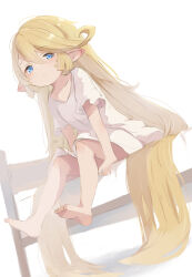 Rule 34 | 1girl, barefoot, bed, blonde hair, blue eyes, blush, charlotta (granblue fantasy), commentary request, expressionless, granblue fantasy, harvin, highres, long hair, looking at viewer, mote max, nightgown, on bed, pointy ears, short sleeves, sitting, sketch, solo, very long hair, white nightgown