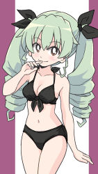 Rule 34 | 1girl, anchovy (girls und panzer), bikini, black bikini, black ribbon, breasts, bright pupils, brown eyes, cleavage, commentary, cowboy shot, drill hair, finger to mouth, front-tie bikini top, front-tie top, girls und panzer, hair ribbon, halterneck, highres, long hair, looking at viewer, medium breasts, navel, pillarboxed, ponzu rui, ribbon, solo, standing, swimsuit, twin drills, twintails, white pupils