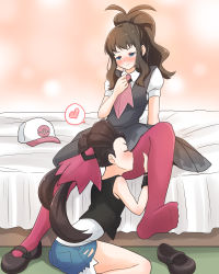 Rule 34 | 2girls, absurdres, bed, blue eyes, blush, brown footwear, closed eyes, collared shirt, commentary request, cosplay, costume switch, creatures (company), dress, facing another, game freak, grey dress, hat, heart, high ponytail, highres, hilda (pokemon), hilda (pokemon) (cosplay), kissing thigh, kurosawa karura, long hair, looking at another, looking down, low twintails, multiple girls, nintendo, pantyhose, pokemon, pokemon bw, pokemon rse, puffy short sleeves, puffy sleeves, red pantyhose, roxanne (pokemon), roxanne (pokemon) (cosplay), shirt, shoes, short shorts, short sleeves, shorts, single shoe, sitting, sleeveless, sleeveless shirt, spoken heart, twintails, unworn hat, unworn headwear, unworn shoe, unworn shoes, white shirt, yuri