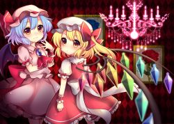 Rule 34 | 2girls, absurdres, argyle, argyle background, argyle clothes, ascot, back bow, bat wings, blonde hair, blue flower, blue hair, blue rose, blush, bow, brooch, chandelier, closed mouth, commentary, commentary request, crystal, dot mouth, dot nose, eyelashes, fang, flandre scarlet, flower, frilled shirt collar, frills, full body, hat, hat bow, hat ribbon, heart, highres, hug, jewelry, leaf, looking at viewer, mob cap, multicolored wings, multiple girls, painting (object), puffy short sleeves, puffy sleeves, red bow, red eyes, red ribbon, remilia scarlet, ribbon, rose, ruhika, sash, shirt, short hair, short sleeves, siblings, side ponytail, sisters, skirt, smile, standing, touhou, upper body, white background, white sash, white shirt, wings