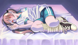 Rule 34 | 1girl, aoi sora (pairan), bed, blush, brown hair, clothes writing, face, legs, long hair, loose socks, lying, original, pairan, red eyes, shoes, shorts, sneakers, socks, solo, sportswear