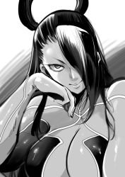 Rule 34 | 1girl, asymmetrical bangs, breasts, capcom, cleavage, commentary request, eyelashes, female seth (street fighter), greyscale, hair over one eye, halo, head rest, large breasts, long hair, marimo (yousei ranbu), metal skin, monochrome, smile, solo, street fighter, street fighter v, upper body
