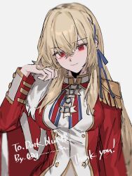 Rule 34 | 1girl, aogisa, azur lane, blonde hair, blue ribbon, blurry, breasts, cape, closed mouth, commentary request, commission, crossed bangs, grey background, hair between eyes, hair flip, hair ribbon, hand in own hair, hand up, jacket, jpeg artifacts, king george v (azur lane), long hair, long sleeves, looking at viewer, medium breasts, military jacket, military uniform, red cape, red eyes, red jacket, ribbon, simple background, skeb commission, sketch, smile, solo, thank you, twitter username, uniform, upper body, watermark