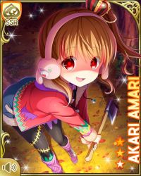 Rule 34 | 1girl, amari akari, ax, beads, bent over, black shirt, blue shorts, brown hair, camping, card (medium), chair, character name, crown, fire, forest, girlfriend (kari), hair beads, hair ornament, jacket, looking at viewer, mini crown, multicolored hair, nail polish, nature, night, official art, open mouth, outdoors, ponytail, qp:flapper, red eyes, red jacket, shirt, short hair, shorts, side ponytail, sidelocks, smile, socks, solo, standing, streaked hair, tagme, thighhighs