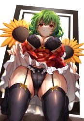 Rule 34 | 1girl, absurdres, annoyed, ascot, black bra, black panties, black thighhighs, blush, bra, breasts, cameltoe, cleavage, closed mouth, clothes lift, collarbone, covered erect nipples, dress, dress lift, flower, from below, garter straps, glaring, gluteal fold, green hair, highres, hira-san, kazami yuuka, kneeling, large breasts, legs, lifted by self, light blush, looking at viewer, looking down, panties, panty peek, plaid, plaid dress, plaid skirt, plaid vest, red dress, red eyes, red skirt, red vest, shirt, short hair, skindentation, skirt, skirt set, solo, sunflower, thigh gap, thighhighs, thighs, touhou, underwear, upskirt, vest, wavy hair, white background, white shirt