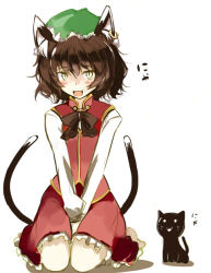 Rule 34 | 1girl, animal ears, blush, brown hair, cat, cat ears, cat tail, chen, curly hair, earrings, fang, female focus, hat, jewelry, kneeling, multiple tails, short hair, slit pupils, solo, tail, takaharu, touhou, v arms, yellow eyes