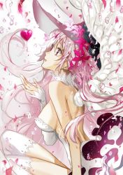 Rule 34 | 1girl, angel, angel wings, backless dress, backless outfit, breasts, detached sleeves, dress, feathered wings, from side, hand up, hat, heart, large breasts, long hair, looking up, original, parted lips, petals, pink hair, red eyes, sideboob, sitting, solo, tears, thighhighs, tibino, white thighhighs, white wings, wings, witch, witch hat
