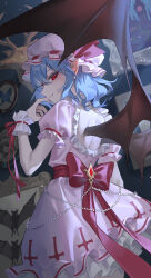 Rule 34 | 1girl, absurdres, bat wings, blue hair, bow, closed mouth, dress, hat, highres, jyuma, looking at viewer, looking back, mob cap, pink dress, pink hat, red bow, red eyes, remilia scarlet, short hair, short sleeves, smile, solo, touhou, wings, wrist cuffs
