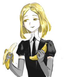 Rule 34 | 1other, androgynous, banana, black necktie, blonde hair, collared shirt, commentary request, elbow gloves, food, fruit, gem uniform (houseki no kuni), gloves, grey gloves, holding, holding food, holding fruit, houseki no kuni, looking to the side, medium hair, necktie, open mouth, other focus, pero (sabuaka bacon), puffy short sleeves, puffy sleeves, shirt, short hair, short sleeves, simple background, smile, solo, upper body, white background, white shirt, yellow diamond (houseki no kuni), yellow eyes