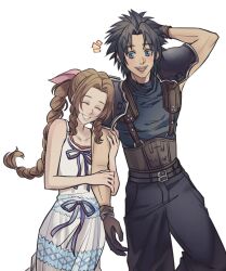 Rule 34 | 1boy, 1girl, aerith gainsborough, arm behind head, arm hug, bare shoulders, belt, black hair, blue eyes, blush, braid, braided ponytail, brown hair, closed eyes, commentary, couple, cowboy shot, crisis core final fantasy vii, dress, english commentary, final fantasy, final fantasy vii, gloves, hair ribbon, happy, height difference, highres, long hair, looking at another, open mouth, parted bangs, parted lips, pink ribbon, ribbon, sidelocks, simple background, sleeveless, sleeveless dress, smile, spiked hair, square enix, sweater, sylvthea, teeth, turtleneck, turtleneck sweater, undershirt, upper teeth only, white background, zack fair