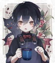 Rule 34 | 1boy, animal, black cat, bow, bowtie, cat, child, commentary, cup, duplicate, english commentary, hair between eyes, highres, holding, holding cup, namiki itsuki, on shoulder, open mouth, original, pixel-perfect duplicate, solo focus, sugar cube, suspenders, utensil in mouth