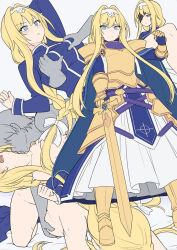Rule 34 | 1boy, 1girl, alice zuberg, arm up, armor, bed sheet, blonde hair, blue cape, blue dress, blue eyes, body armor, bow, braid, breasts, cape, dress, gold armor, grabbing, grabbing another&#039;s breast, hair intakes, hairband, large breasts, licking, licking another&#039;s neck, long hair, long sleeves, looking at viewer, nude, shiseki hirame, short hair, sword, sword art online, sword art online: alicization, very long hair, weapon, white hairband