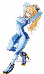 1girl artist_name blonde_hair blue_bodysuit blue_eyes bodysuit breasts commentary commission english_commentary english_text high_heels highres long_hair metroid nintendo samus_aran simple_background solo sumustard twitter_username tying_hair white_background zero_suit