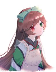 Rule 34 | 1girl, apron, blush, bow, brown hair, closed mouth, commentary request, cropped torso, earrings, frilled apron, frills, green bow, green eyes, green kimono, hair bow, heterochromia, highres, japanese clothes, jewelry, kimono, long hair, looking at viewer, moseley, red eyes, rozen maiden, simple background, solo, striped, striped bow, suiseiseki, upper body, very long hair, white apron, white background, white kimono