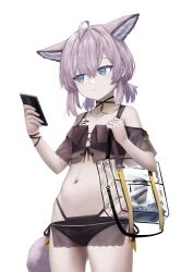 Rule 34 | 1girl, absurdres, ahoge, aimpoleume, animal ears, arknights, bag, bare shoulders, bikini, black bikini, blue eyes, cellphone, collarbone, commentary request, cowboy shot, fox ears, fox girl, fox tail, hair between eyes, hands up, highres, holding, holding phone, low twintails, navel, off-shoulder bikini, off shoulder, parted lips, phone, purple hair, short twintails, simple background, solo, standing, sussurro (arknights), sussurro (summer flower) (arknights), swimsuit, tail, transparent, twintails, white background