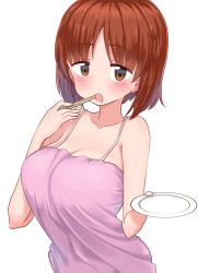 Rule 34 | 1girl, blush, breasts, brown eyes, brown hair, camisole, casual, chopsticks, cleavage, commentary, cowboy shot, eating, girls und panzer, holding, holding chopsticks, holding saucer, kemu (guruguru dan), looking at viewer, medium breasts, nishizumi miho, open mouth, pink shirt, saucer, shirt, short hair, simple background, solo, white background
