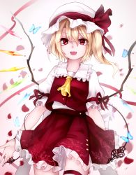 Rule 34 | 1girl, ascot, blonde hair, bow, bug, butterfly, crystal, fang, flandre scarlet, hat, hat bow, hat ribbon, highres, insect, laevatein, mob cap, nekohashi, petals, puffy short sleeves, puffy sleeves, red eyes, ribbon, rose petals, shirt, short sleeves, side ponytail, skirt, skirt set, solo, touhou, vest, wings, wrist cuffs