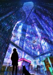 Rule 34 | ambiguous gender, building, city, dog, highres, hover vehicle, neon lights, original, outdoors, people, reason (mark-of-the-unicorn), scenery, silhouette, skyscraper, standing