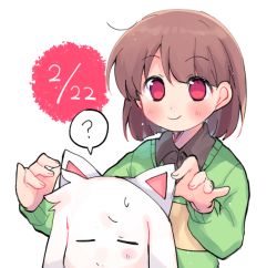 Rule 34 | 1other, ?, animal ears, asriel dreemurr, blush, blush stickers, brown hair, brown shirt, cat ears, chara (undertale), closed eyes, collared shirt, furry, furry male, goat boy, green sweater, long sleeves, red eyes, shirt, short hair, simple background, smile, speech bubble, striped clothes, striped sweater, sweat, sweatdrop, sweater, undertale, upper body, white background, xox xxxxxx