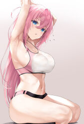 Rule 34 | 1girl, armpits, arms up, black buruma, blue eyes, blush, bocchi the rock!, breasts, brown background, buruma, cleavage, collarbone, commentary request, flying sweatdrops, gotoh hitori, gradient background, hair between eyes, highres, inuzumi masaki, large breasts, legs, long hair, looking at viewer, midriff, navel, open mouth, pink buruma, pink hair, pink sports bra, sitting, solo, sports bikini, sports bra, stomach, sweat, thighs, track uniform, two-tone buruma, two-tone sports bra, white sports bra