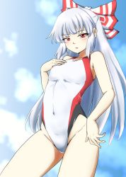Rule 34 | 1girl, alternate costume, blue sky, bow, breasts, cloud, competition swimsuit, cowboy shot, d-m (dii emu), fujiwara no mokou, grey hair, groin, hair bow, hand on own chest, highleg, highleg leotard, highres, leotard, long hair, looking at viewer, navel, one-piece swimsuit, outdoors, red eyes, sky, small breasts, solo, standing, swimsuit, thighhighs, touhou
