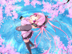 Rule 34 | 1girl, black footwear, boots, caustics, cherry blossoms, detached sleeves, digital media player, from above, hatsune miku, headphones, highres, long hair, looking up, media player interface, name connection, necktie, object namesake, pink eyes, pink hair, sakura miku, solo, thighhighs, twintails, very long hair, vocaloid, yunyun (riopara360)