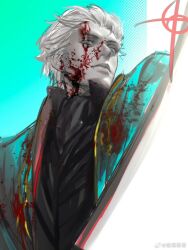 Rule 34 | 1boy, blood, blood on clothes, blood on face, blue coat, blue eyes, cannibalinhell, coat, devil may cry, devil may cry (series), devil may cry 3, hair slicked back, looking at viewer, male focus, solo, vergil (devil may cry), white hair