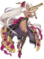 Rule 34 | 1girl, absurdly long hair, artist request, backless dress, backless outfit, breasts, cleavage, dark-skinned female, dark elf, dark skin, dress, elf, floating hair, flower, full body, high heels, holding, instrument, large breasts, layla (shironeko project), long hair, looking at viewer, low-tied long hair, musical note, musical note print, pointy ears, quaver, red eyes, shironeko project, simple background, solo, thighhighs, thorn print, treble clef, very long hair, violin, white background, white hair