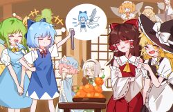 Rule 34 | 6+girls, absurdres, apron, artist request, ascot, black hairband, black vest, blonde hair, blue bow, blue dress, blue hair, blue kimono, book, bow, braid, brown hair, cirno, closed eyes, clownpiece, crossed arms, curly hair, daiyousei, detached sleeves, detached wings, dress, drill hair, fairy, fairy wings, fang, folding fan, food, frilled bow, frilled hair tubes, frilled kimono, frills, fruit, green eyes, green hair, green vest, hair bow, hair tubes, hairband, hakurei reimu, hand fan, hat, hat bow, headdress, highres, hitodama, holding, holding book, holding fan, holding sword, holding weapon, horns, ice, ice wings, japanese clothes, jester cap, kimono, kirisame marisa, komainu ears, komano aunn, konpaku youmu, konpaku youmu (ghost), long hair, long sleeves, luna child, mandarin orange, mob cap, multiple girls, neck ribbon, non-web source, official art, one eye closed, open mouth, orange hair, own hands together, pinafore dress, pink eyes, pink hair, pointing, polka dot headwear, puffy short sleeves, puffy sleeves, red bow, red eyes, red ribbon, red skirt, ribbon, ribbon-trimmed sleeves, ribbon trim, saigyouji yuyuko, short hair, short sleeves, side braid, side ponytail, single braid, single horn, skirt, skirt set, sleeveless, sleeveless dress, smile, star sapphire, sunny milk, sweatdrop, sword, tears, touhou, touhou hero of ice fairy, triangular headpiece, vest, weapon, white bow, white hair, wide sleeves, wings, witch hat, yellow ascot, yellow bow, yellow eyes