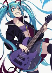Rule 34 | 1girl, absurdres, ahoge, black jacket, black thighhighs, blue eyes, blue hair, breasts, clenched teeth, collarbone, crazy eyes, crop top, dethmaid, electric guitar, fangs, grey skirt, guitar, hatsune miku, highres, instrument, jacket, long hair, midriff, music, open clothes, open jacket, open mouth, playing instrument, pleated skirt, simple background, skirt, small breasts, solo, teeth, thighhighs, thighs, twintails, very long hair, vocaloid, white background