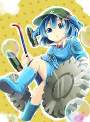 Rule 34 | 1girl, absurdres, backpack, bad id, bad pixiv id, bag, blue eyes, blue hair, blush, boots, bubble, crowbar, gears, hair bobbles, hair ornament, hat, highres, holding, holding crowbar, kasagi, kawashiro nitori, key, matching hair/eyes, missile, open mouth, short hair, skirt, smile, solo, touhou, twintails, two side up