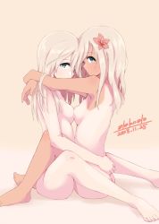 Rule 34 | 2girls, alakoala, belly-to-belly, blonde hair, blue eyes, blush, breasts, dated, dual persona, flower, from side, hair ornament, highres, hug, kantai collection, long hair, multiple girls, mutual hug, nude, one-piece tan, pink background, ro-500 (kancolle), simple background, sitting, small breasts, tan, tanline, u-511 (kancolle)