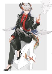 Rule 34 | 1girl, absurdres, arknights, black footwear, black jacket, black pants, cigarette, closed mouth, dragon horns, dragon tail, full body, grey hair, hand on own knee, high heels, highres, holding, holding cigarette, horns, jacket, long hair, long sleeves, necktie, open clothes, open jacket, orange eyes, pants, red shirt, saria (arknights), shirt, sitting, solo, tail, two-tone background, very long hair, z shuidao