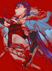 Rule 34 | 1boy, belt, blue hair, capelet, clenched hand, closed mouth, cu chulainn (fate), cu chulainn (caster) (fate), earrings, elbow gloves, fate/grand order, fate (series), floating hair, from side, fur-trimmed hood, fur trim, gloves, grin, hood, hood down, hooded capelet, jewelry, cu chulainn (fate/stay night), long hair, male focus, muscular, red background, red eyes, simple background, skin tight, smile, solo, spiked hair, tank top, type-moon, uni (nico02), vambraces